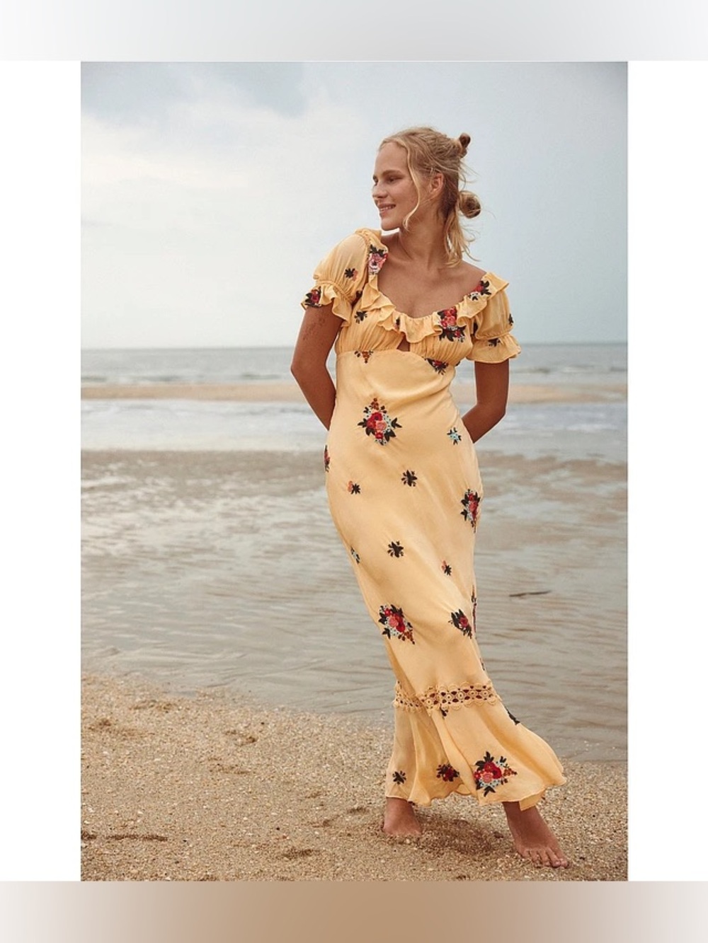 Free People Bali Santa Cruz Dress Embroidered Floral‎ Yellow Small